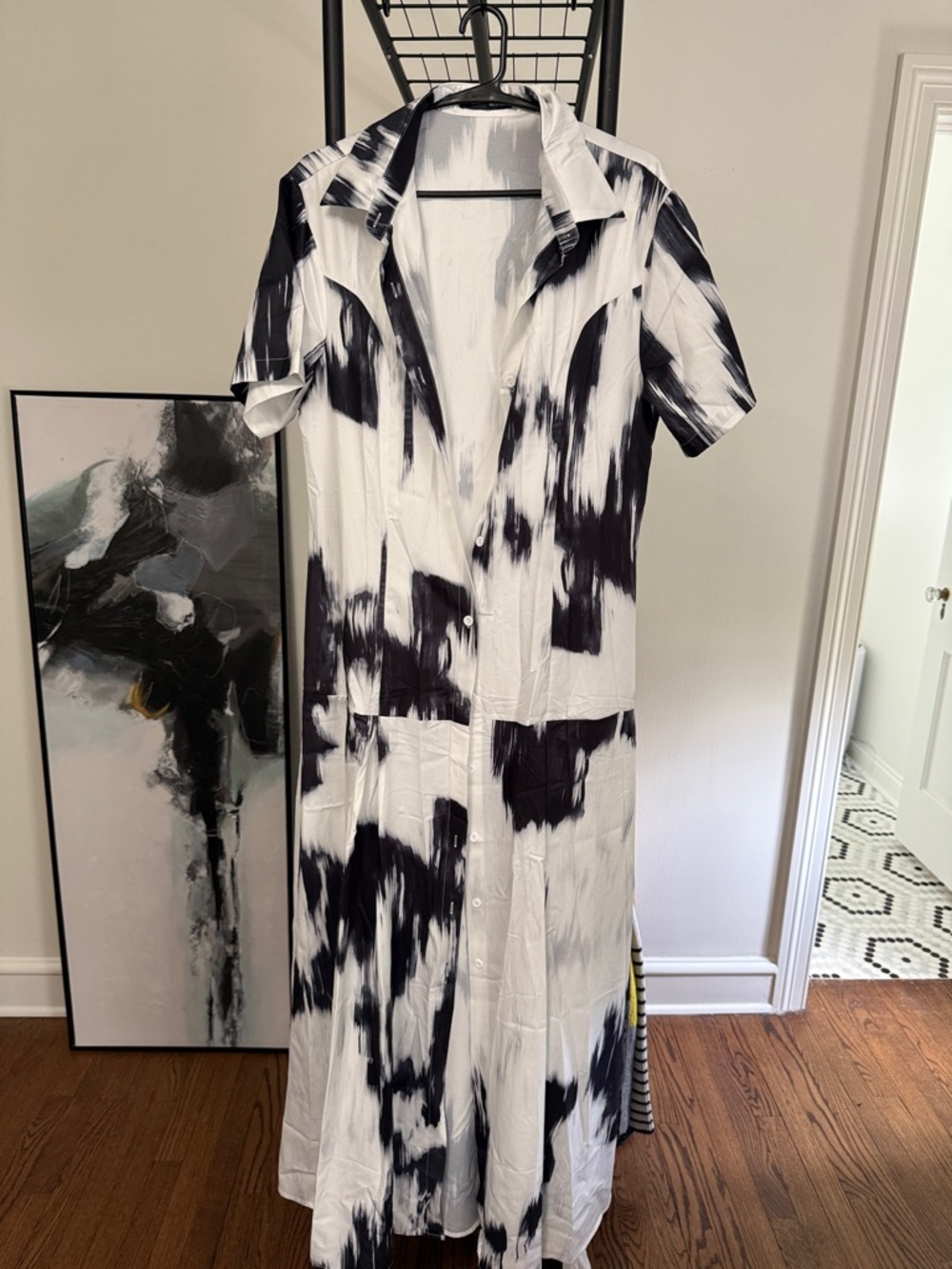 Black & White Tie-Dye Shirt Dress - Elegant Casual Women’s Dress